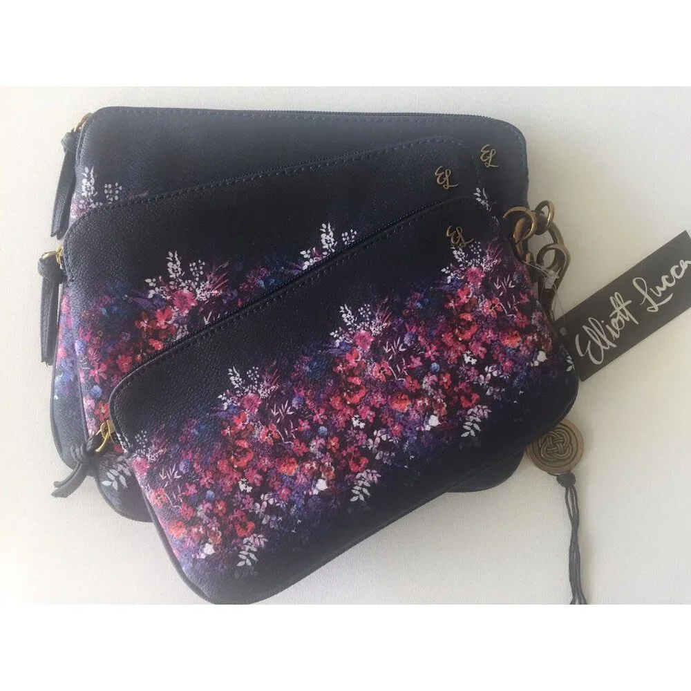 Elliott Lucca Set of 3 Artisan Floral Bouquet Indigo Blue Cosmetic Bags NEW